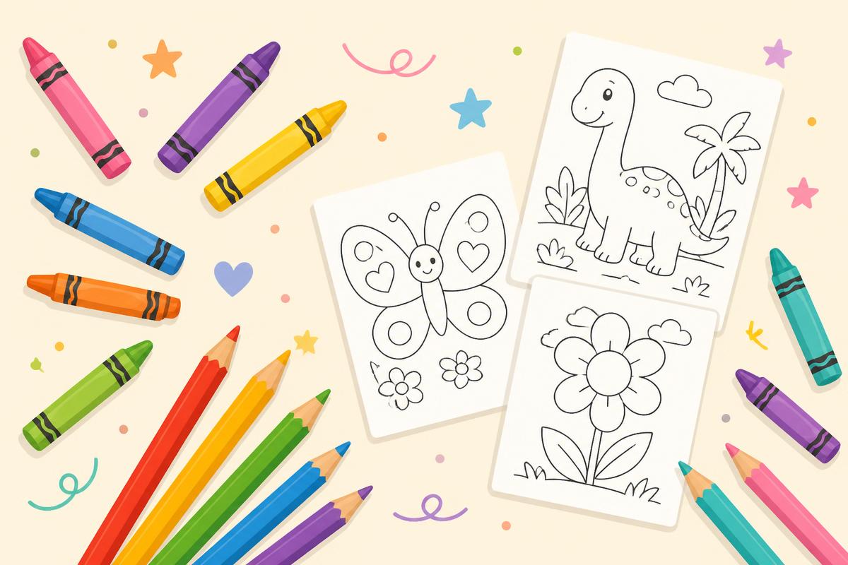 Coloring pages, crayons, and colored pencils