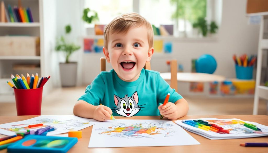 Child enjoying Tom and Jerry coloring book