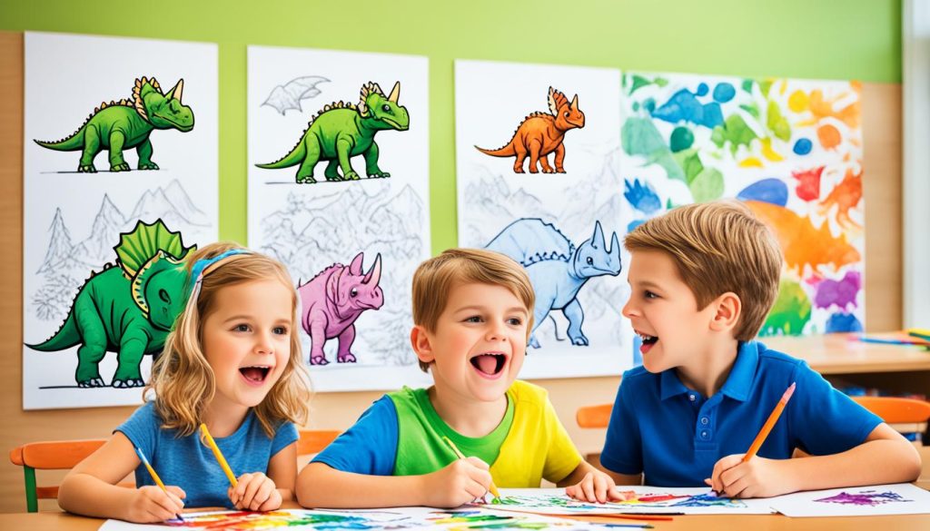 Children enjoying triceratops coloring pages
