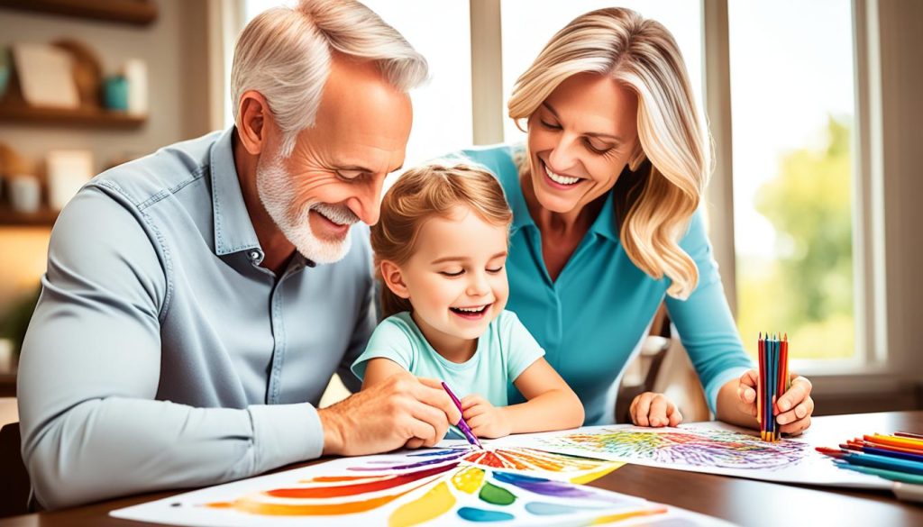Family engaging in coloring Spirit coloring pages