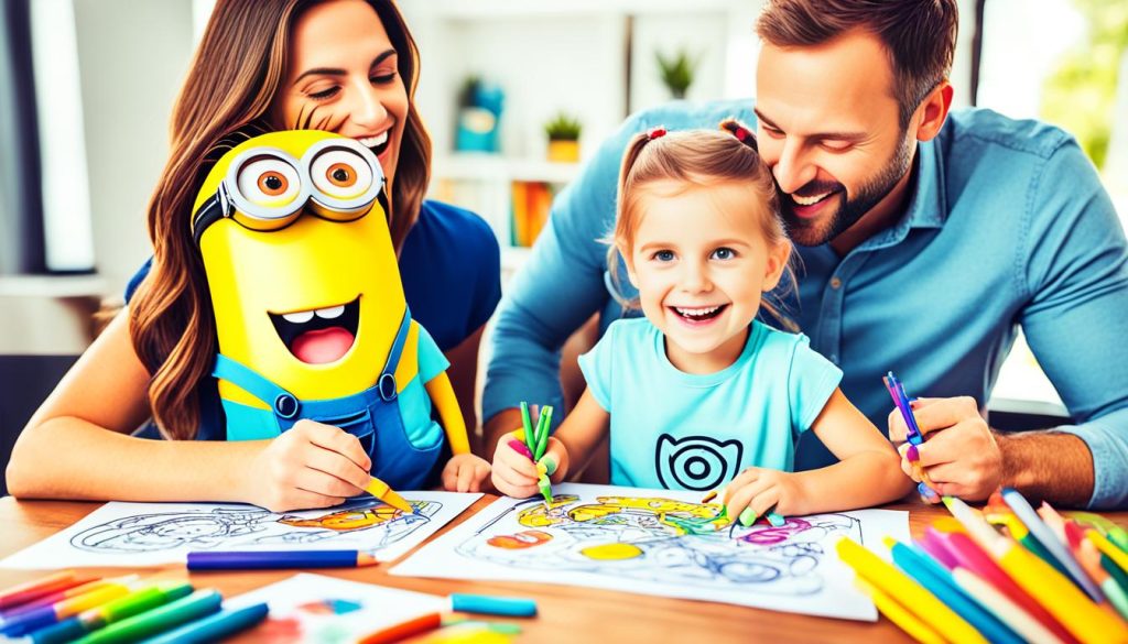 Family enjoying minion coloring activities