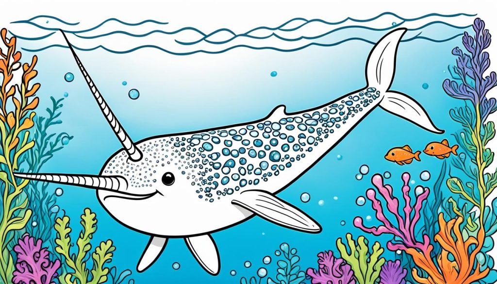 Ocean-themed narwhal coloring sheet