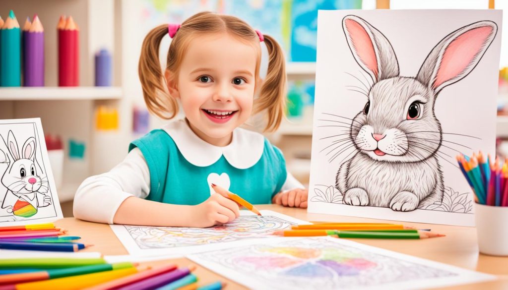 A child coloring a rabbit drawing