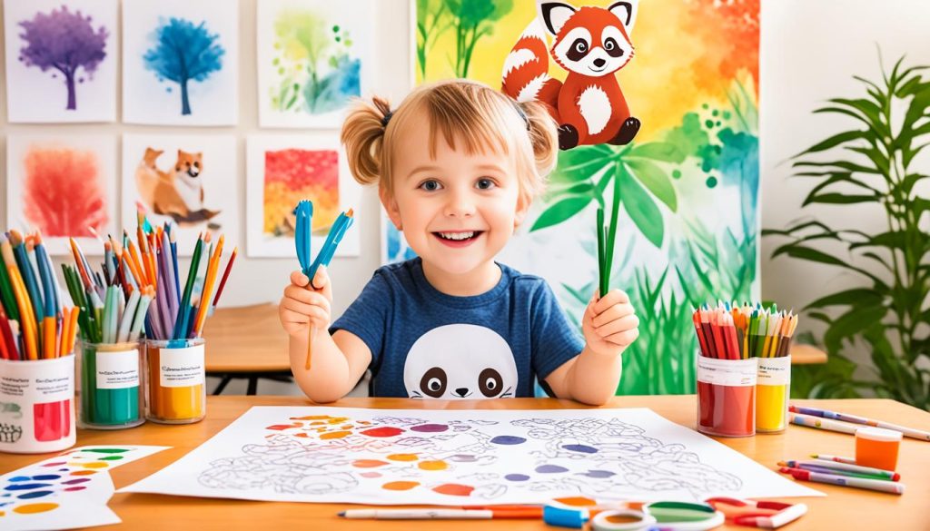 A child coloring a red panda page