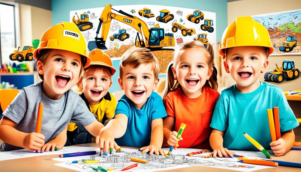 Children enjoying excavator coloring activities