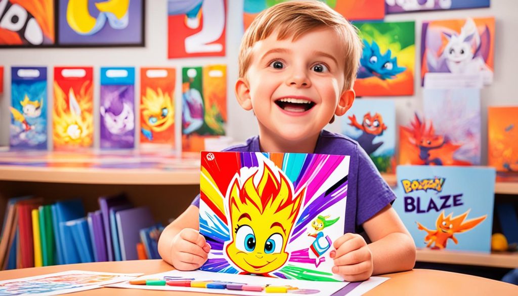Kid showcasing his colored page from Blaze's series